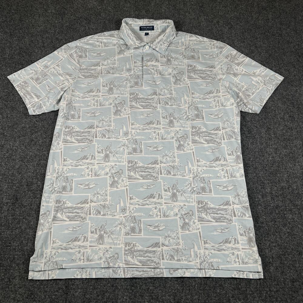 Peter Millar Crown Crafted Mens L Blue Hawaii Print Polo Golf Shirt Hula Girl